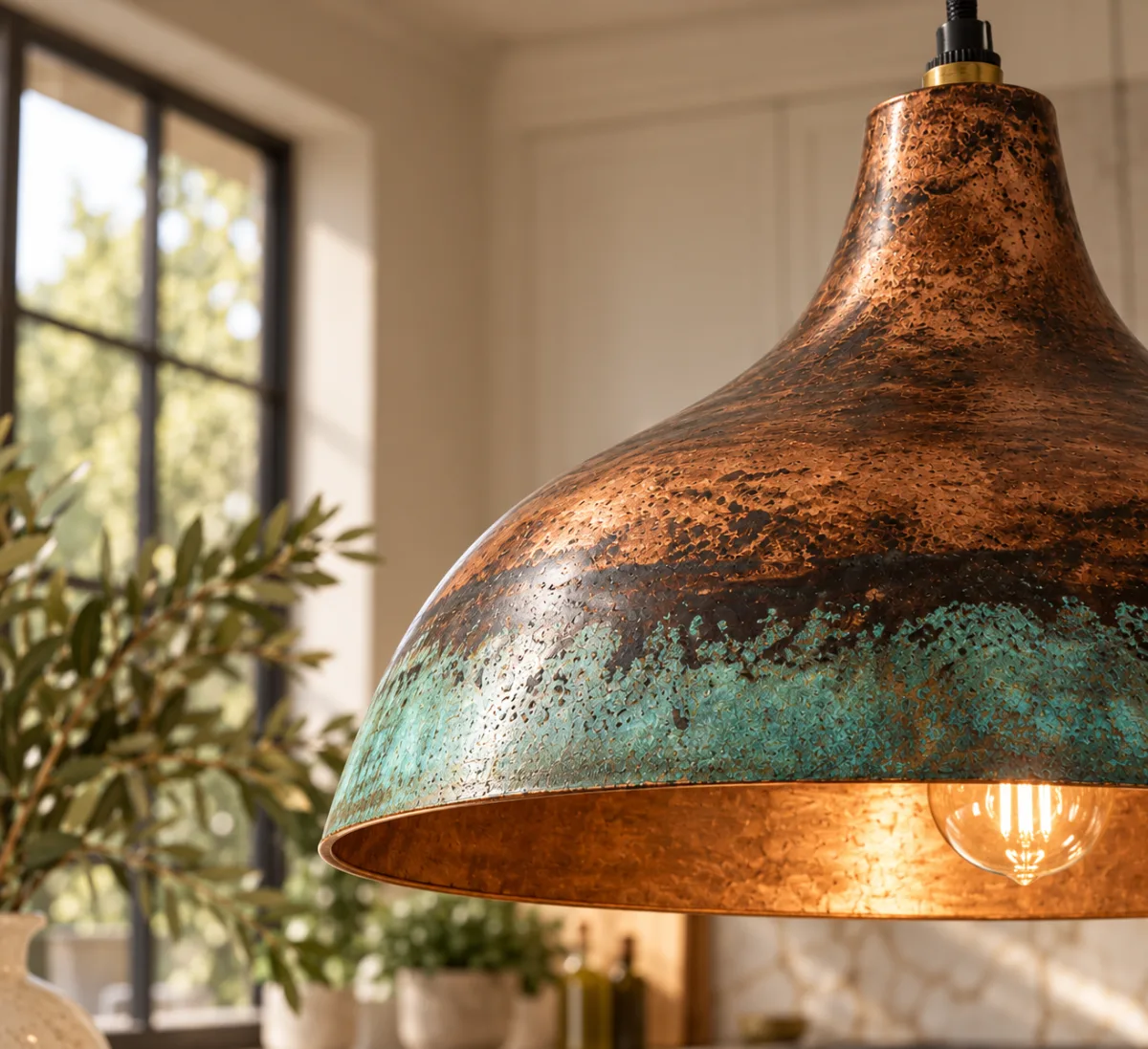 Patina copper pendant in a sunlit kitchen