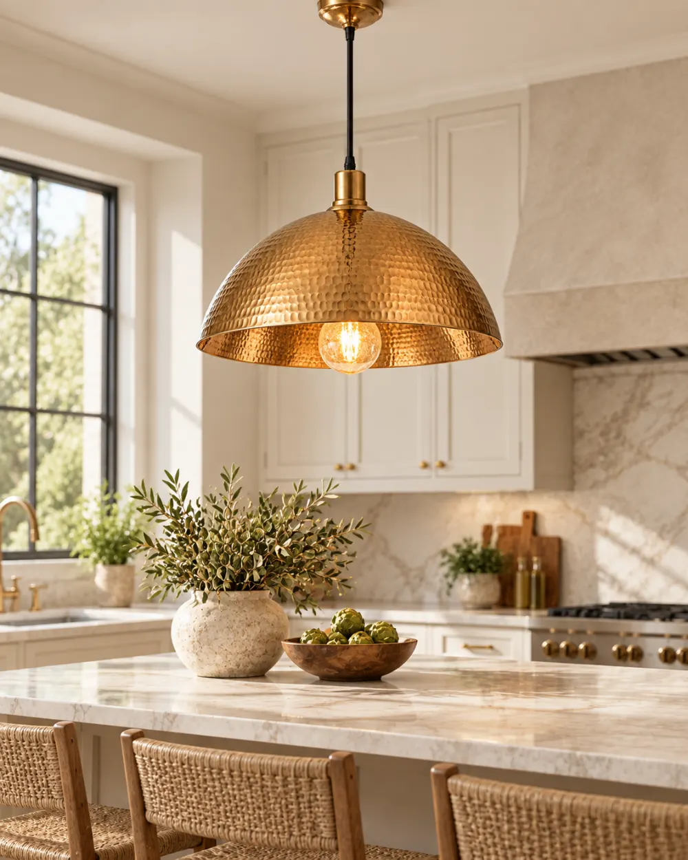 Brass pendant lighting a room