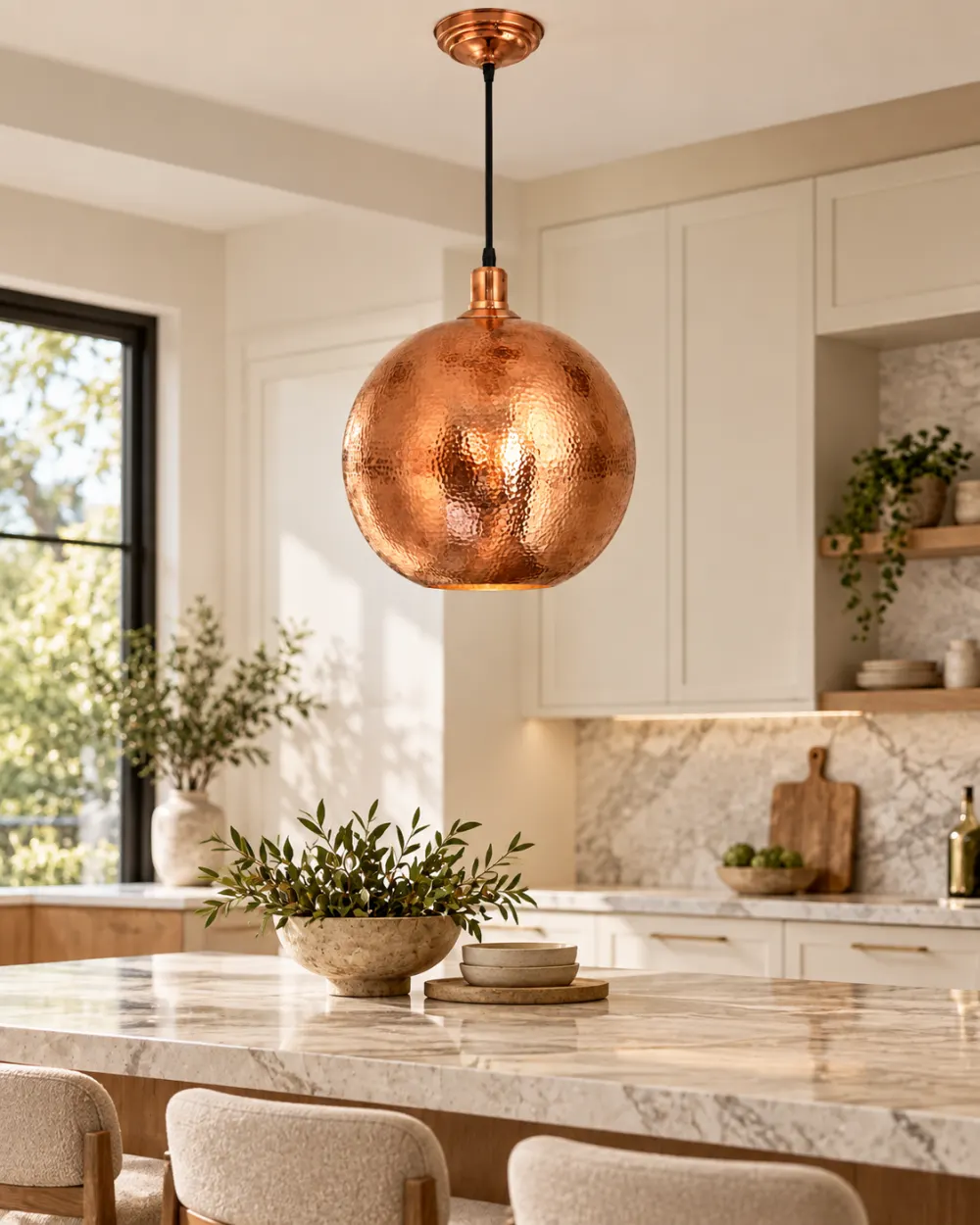Copper pendant in a Mediterranean interior